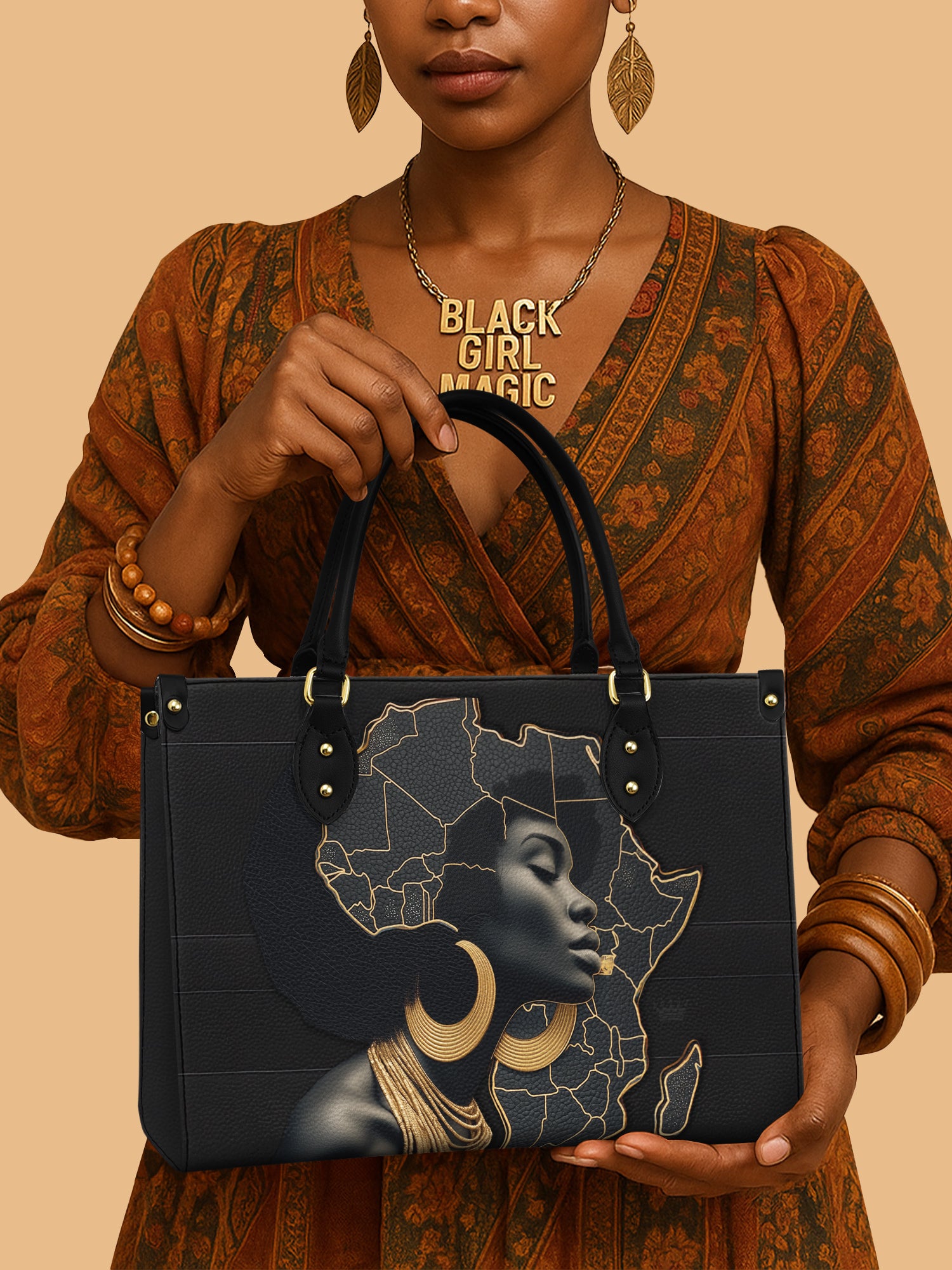 African Woman And Map Leather Handbag Africa Bound Themed Presents For Women