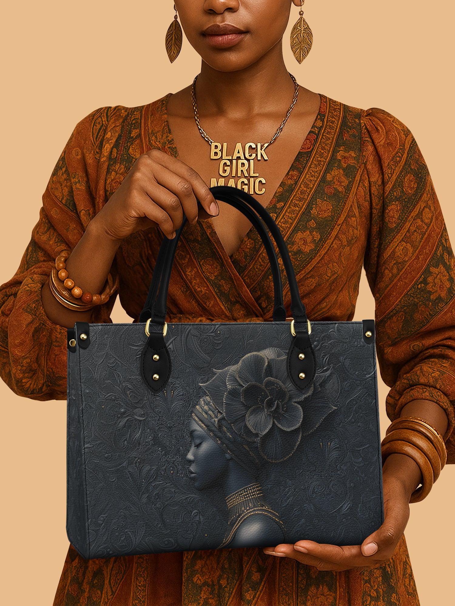 African Woman Black Orchid Leather Bag Black Women Theme Bag Art Gifts Orchid Lovers