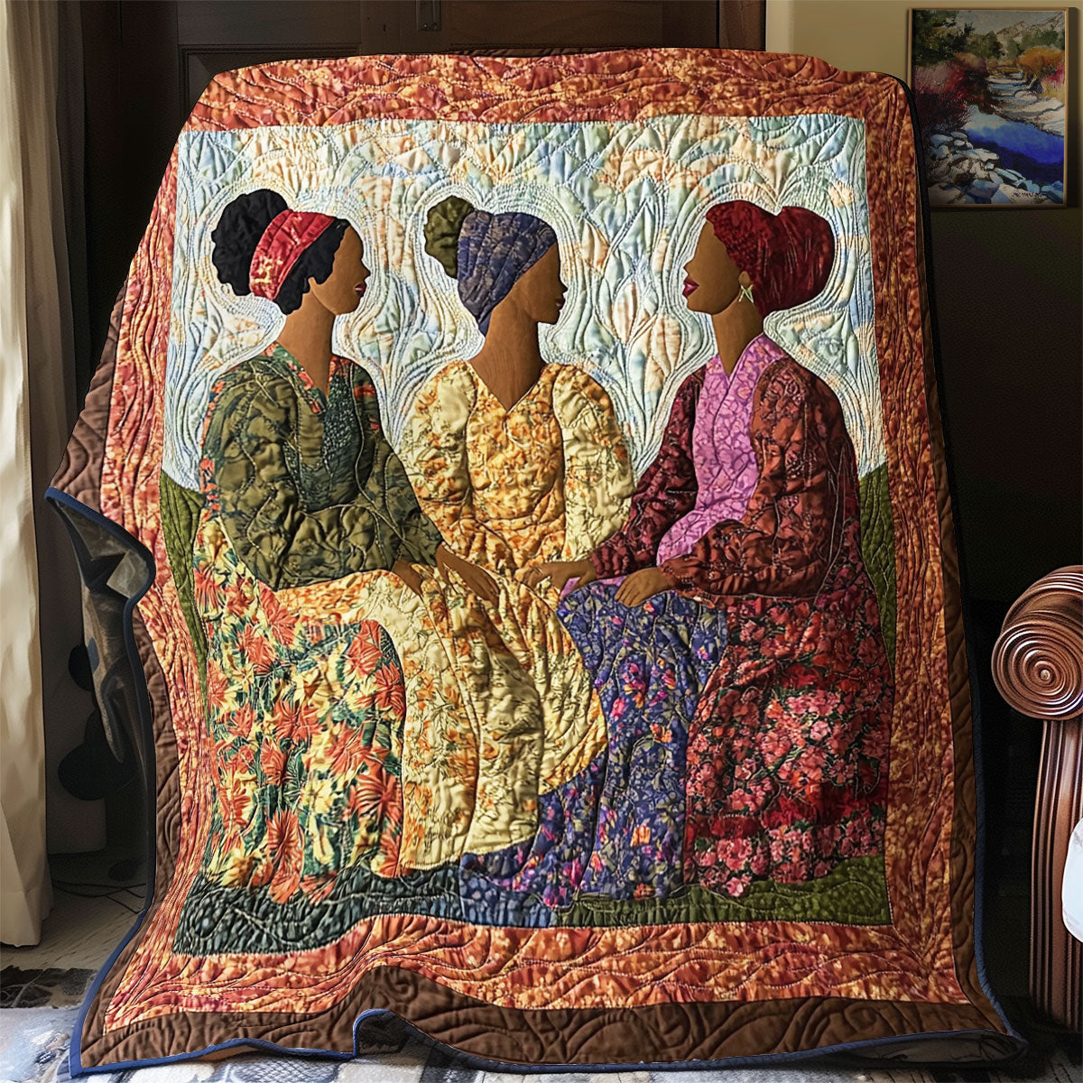 African Woman Circle of Sisters Quilt Blanket African Art Throw Blanket Native Gifts