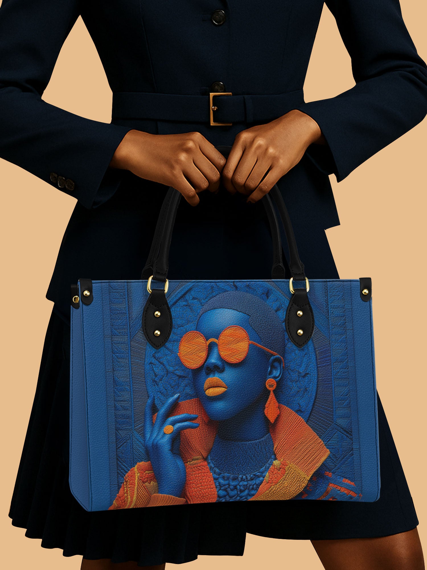 African Woman Cobalt Blue Art Leather Bag Black Women Theme Bag Bold Orange Gifts For Her