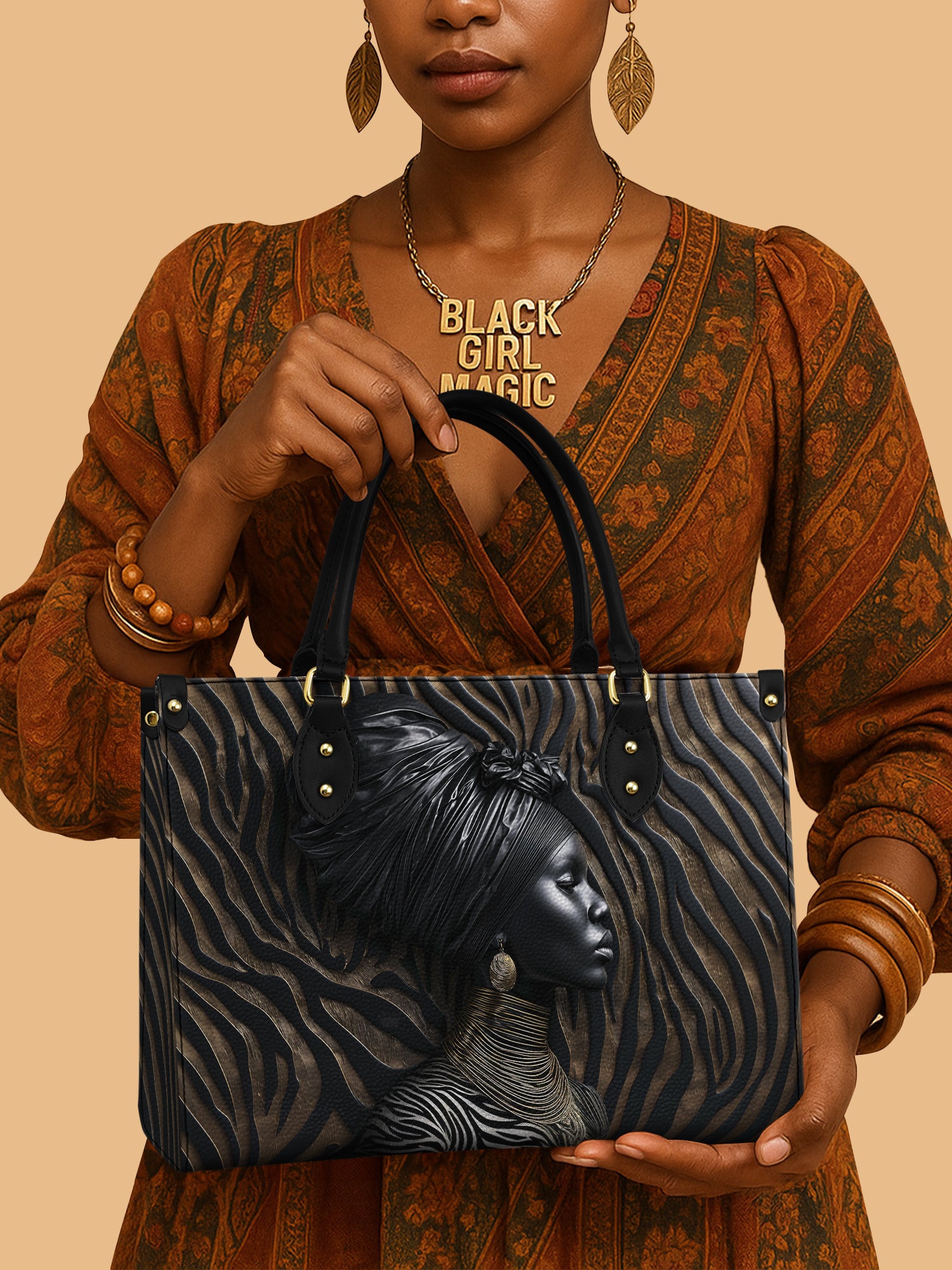 African Woman Embossed Brown Dream Leather Bag African Art Bag Black Women Gifts For Her