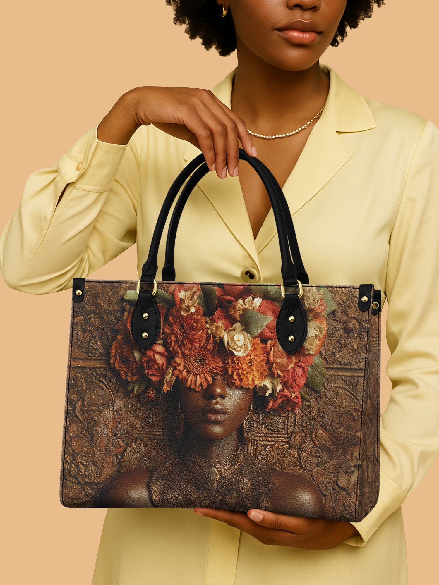 African Woman Floral Goddess Leather Bag African Art Handbag Black Woman Gifts For Mom