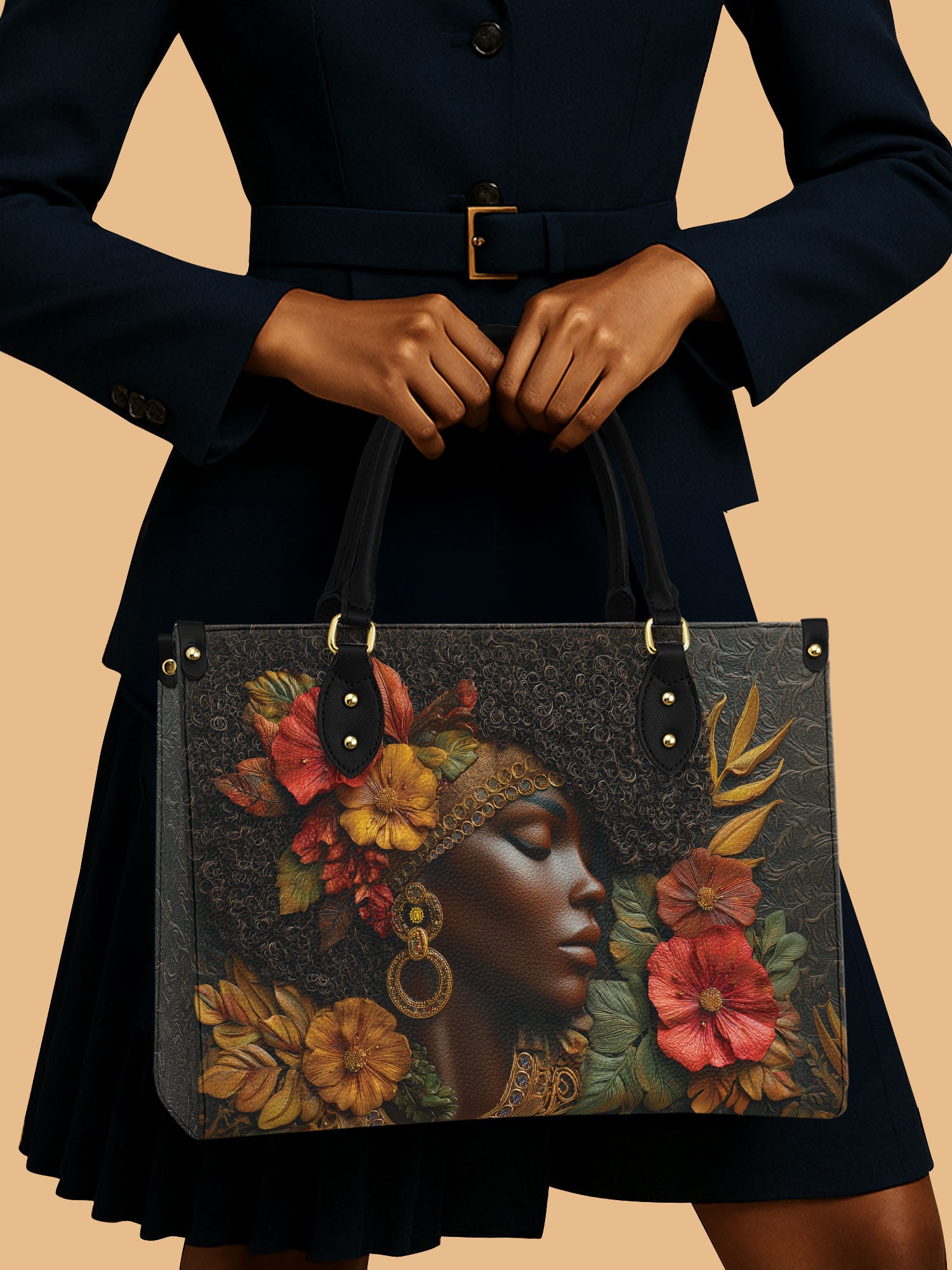 African Woman Floral Grace Leather Bag African Art Handbag Native Black Gifts For Women