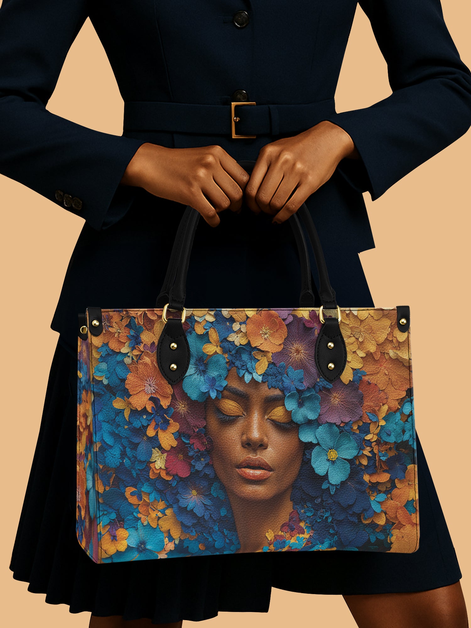 African Woman Floral Reverie Leather Bag African Art Carryall Black Woman Gifts For Her