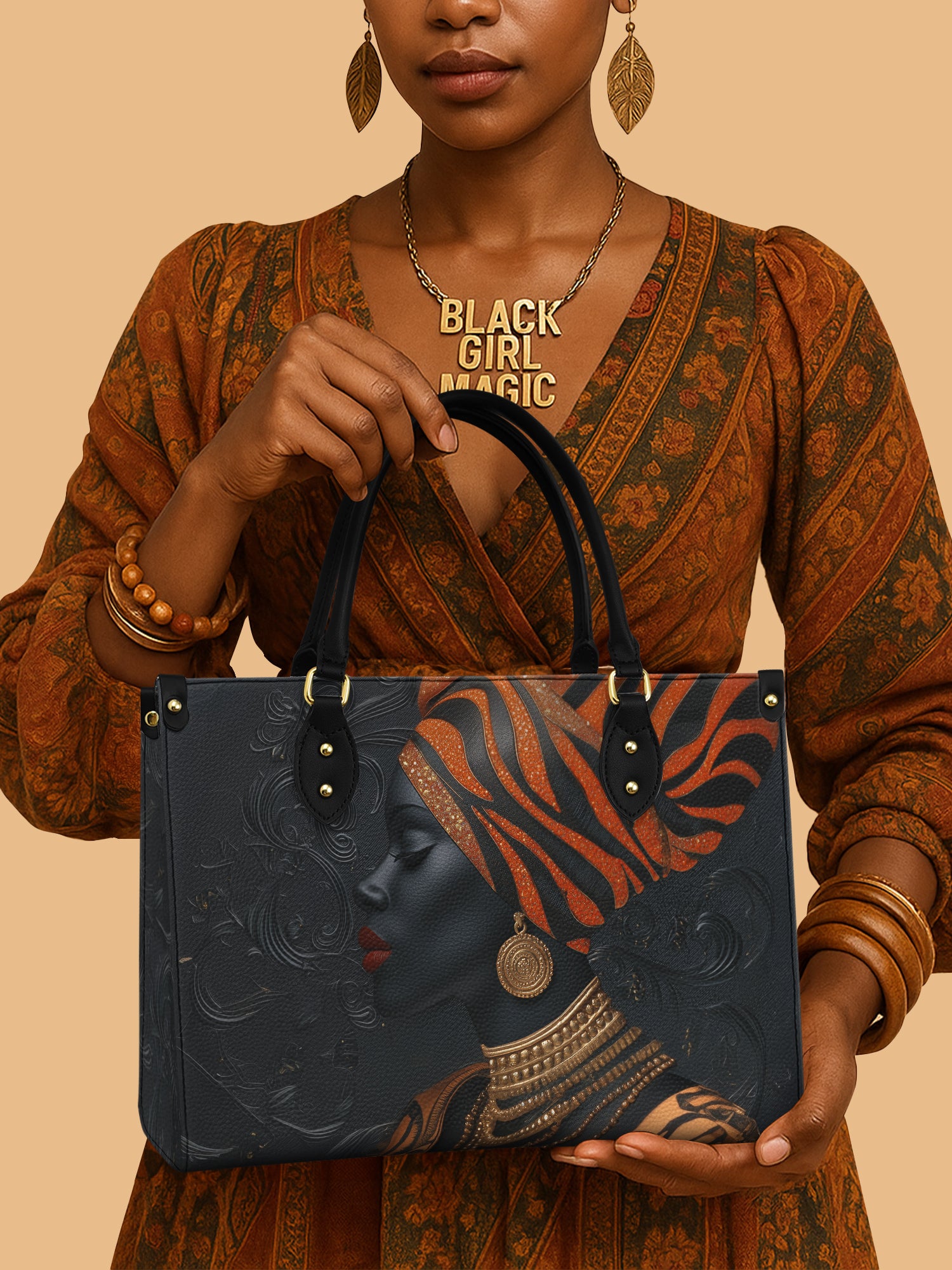 African Woman Leather Handbag Adinkra Essence Themed African American Gifts For Girlfriend