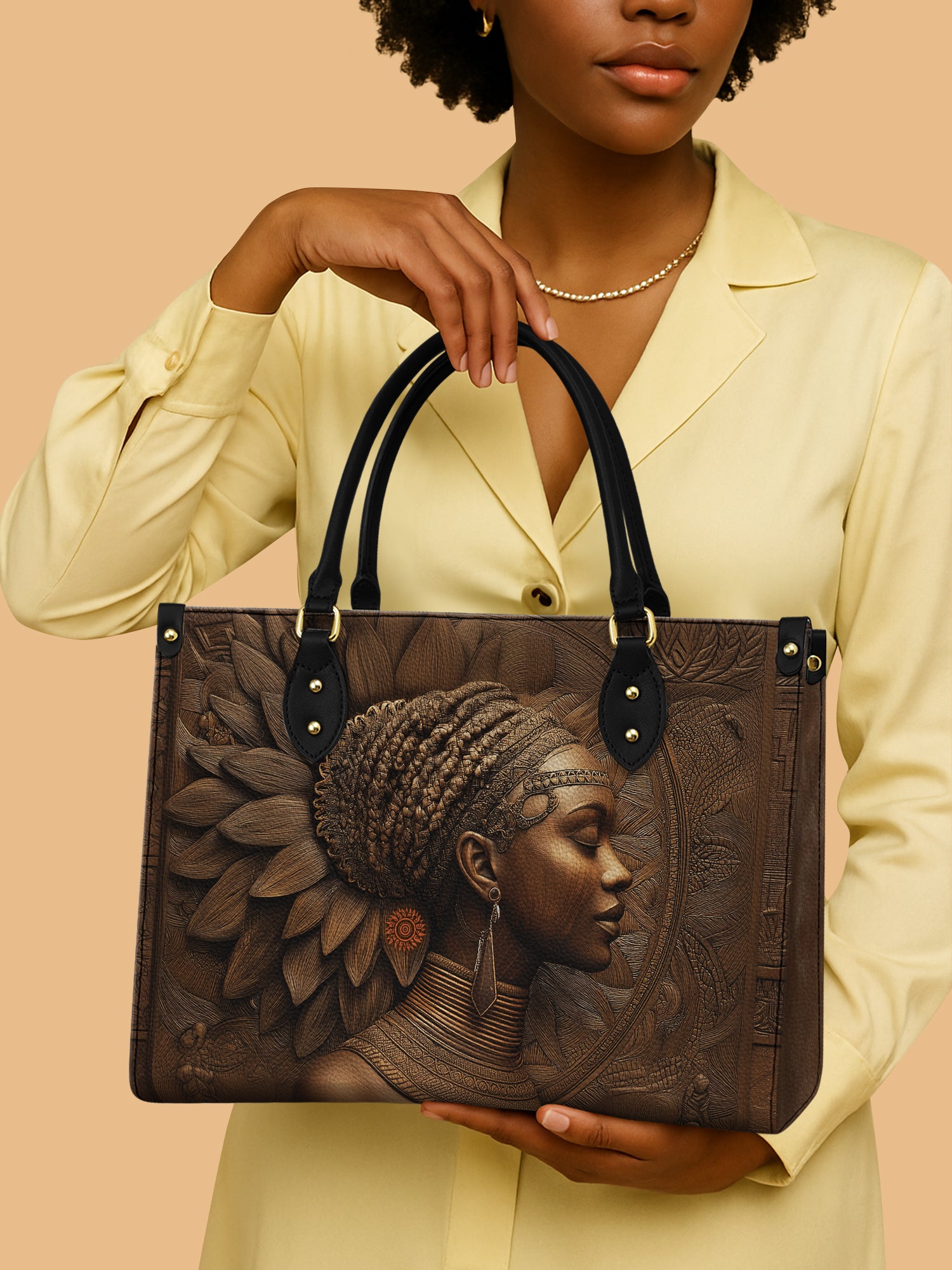 African Woman Leather Handbag Brown Embossed Art Afrocentric Queen African American Gifts For Her