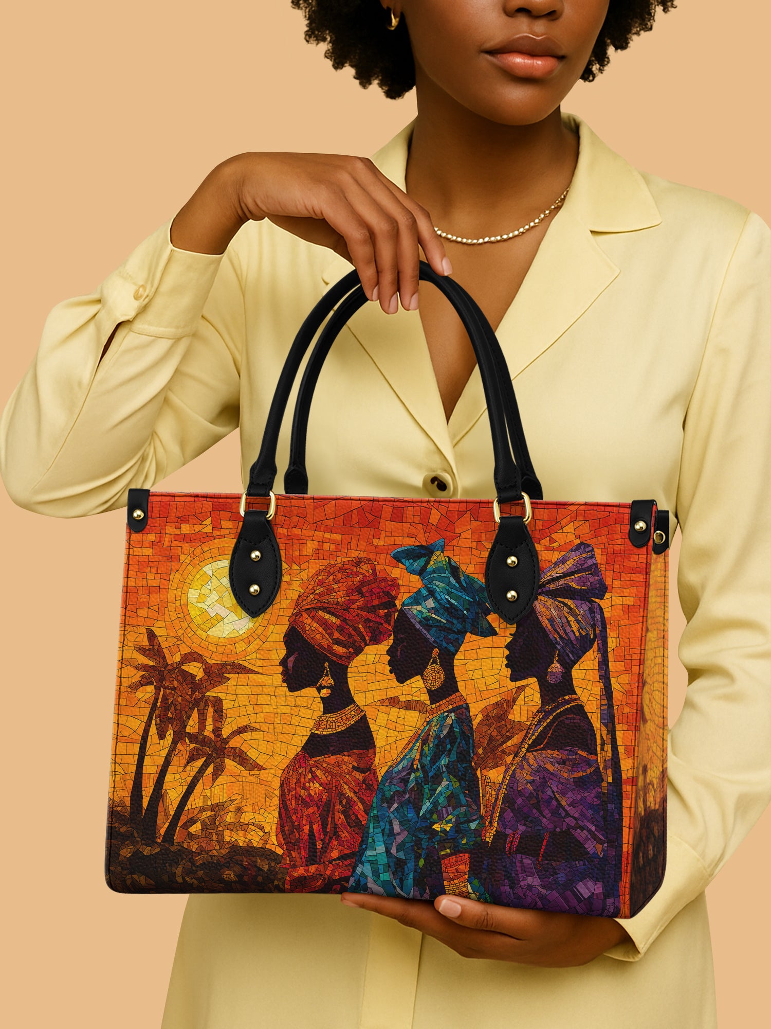 African Woman Sisters Under Sunset Leather Bag African Art Theme Bag Presents For Mom