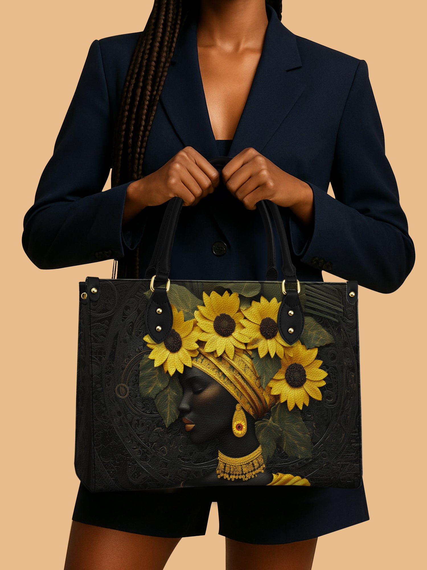 African Woman Sunflower Leather Bag Flower Theme Bag African Art Gifts For Girlfriend
