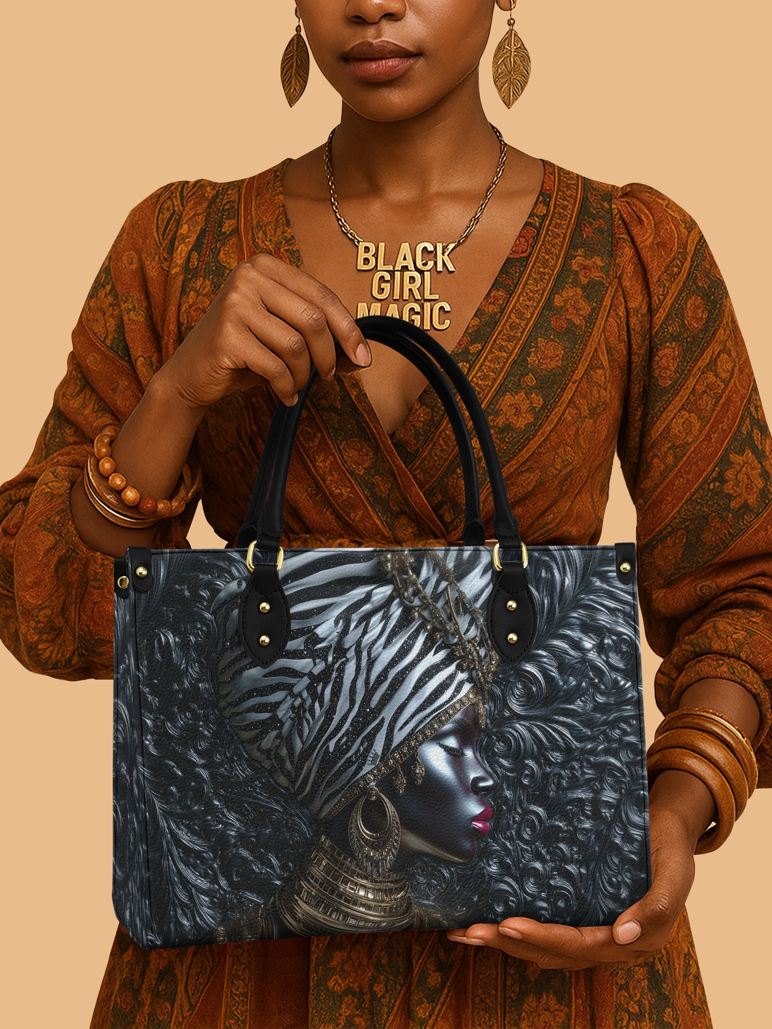 African Woman With Afri Jewelry Leather Handbag Queen Themed Presents For Sister