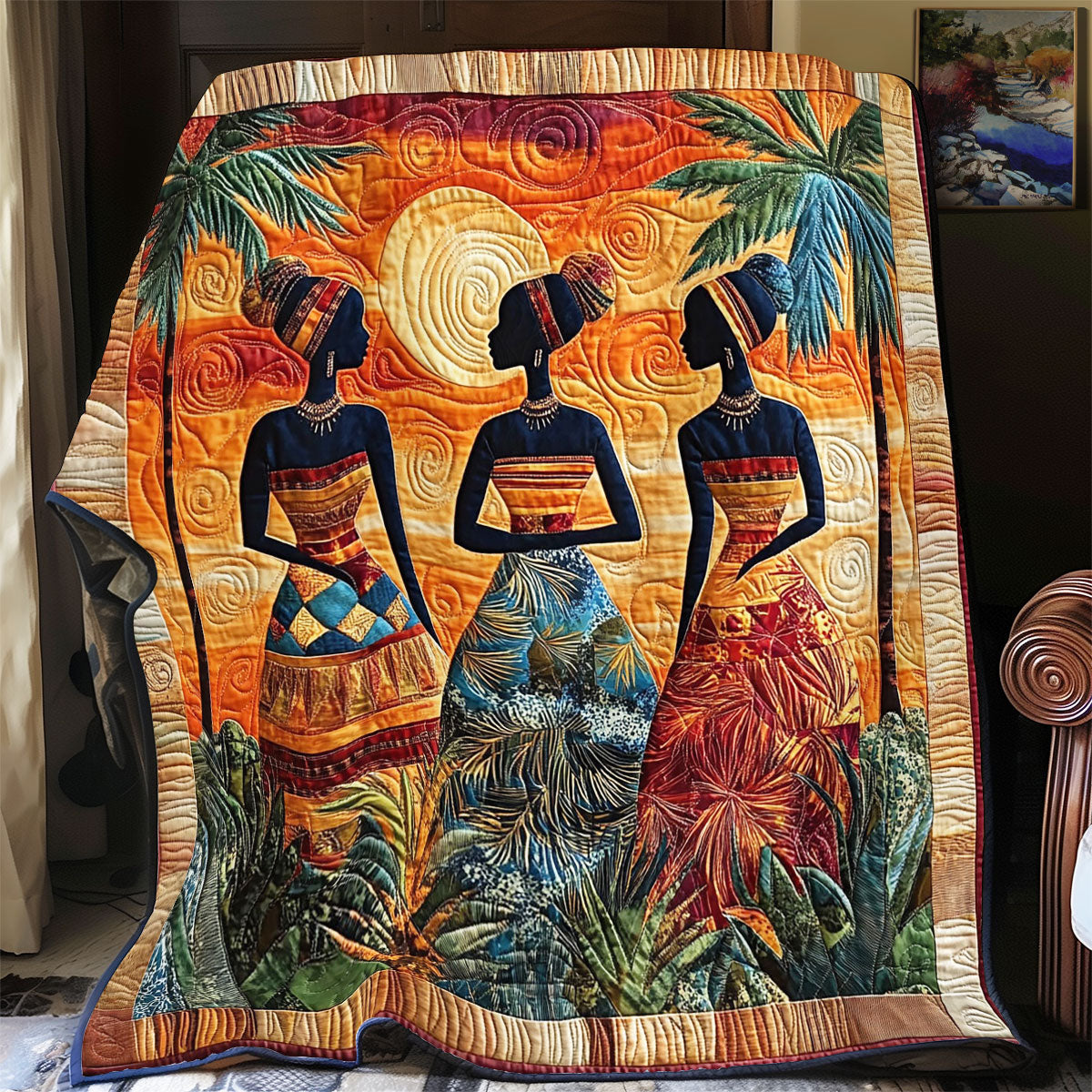 African Women Sunset Quilt Blanket African Art Throw Blanket Best Native Gifts