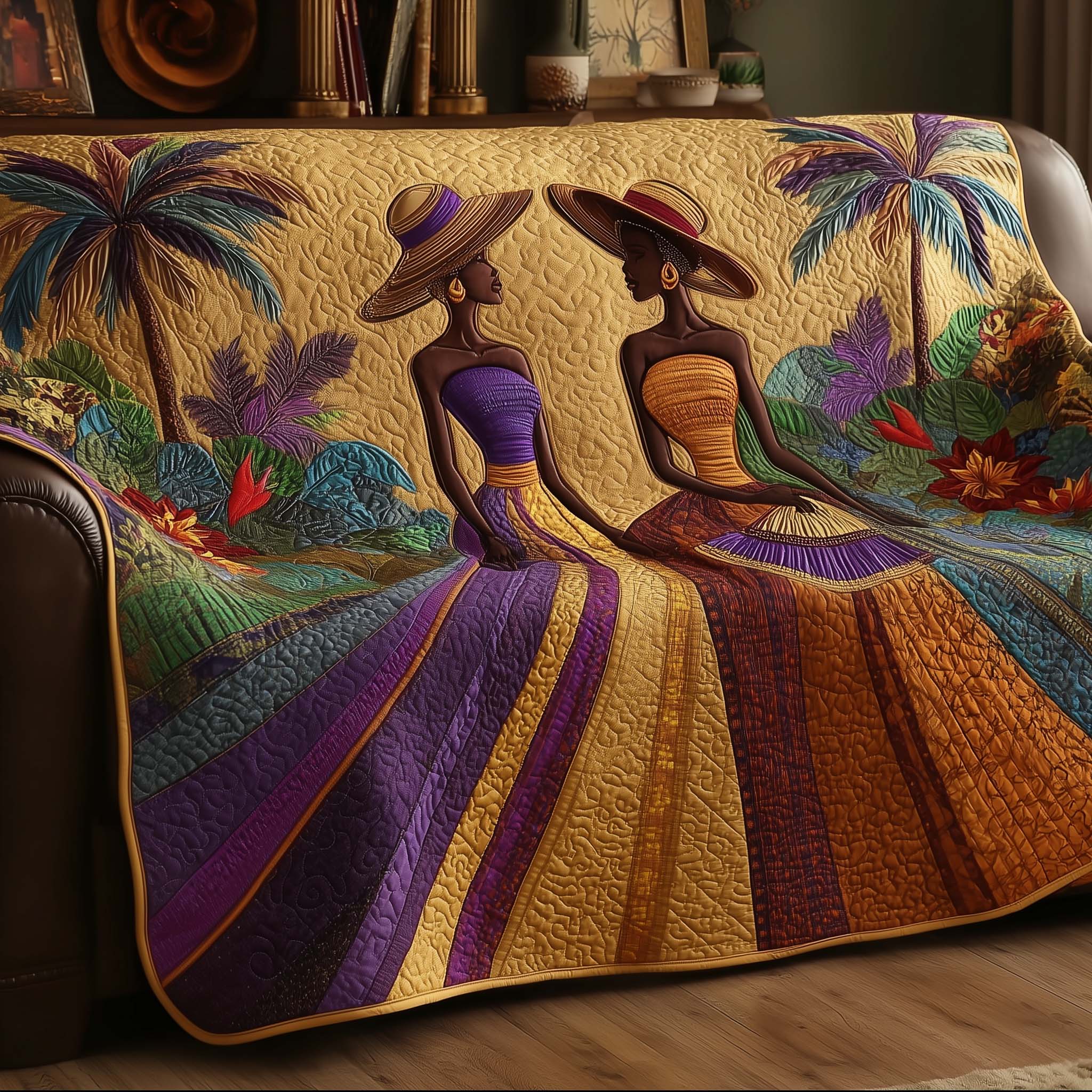 African Women Tropical Garden Quilted Sofa Cover Colorful Cultural Art Home Decoration Gift Idea