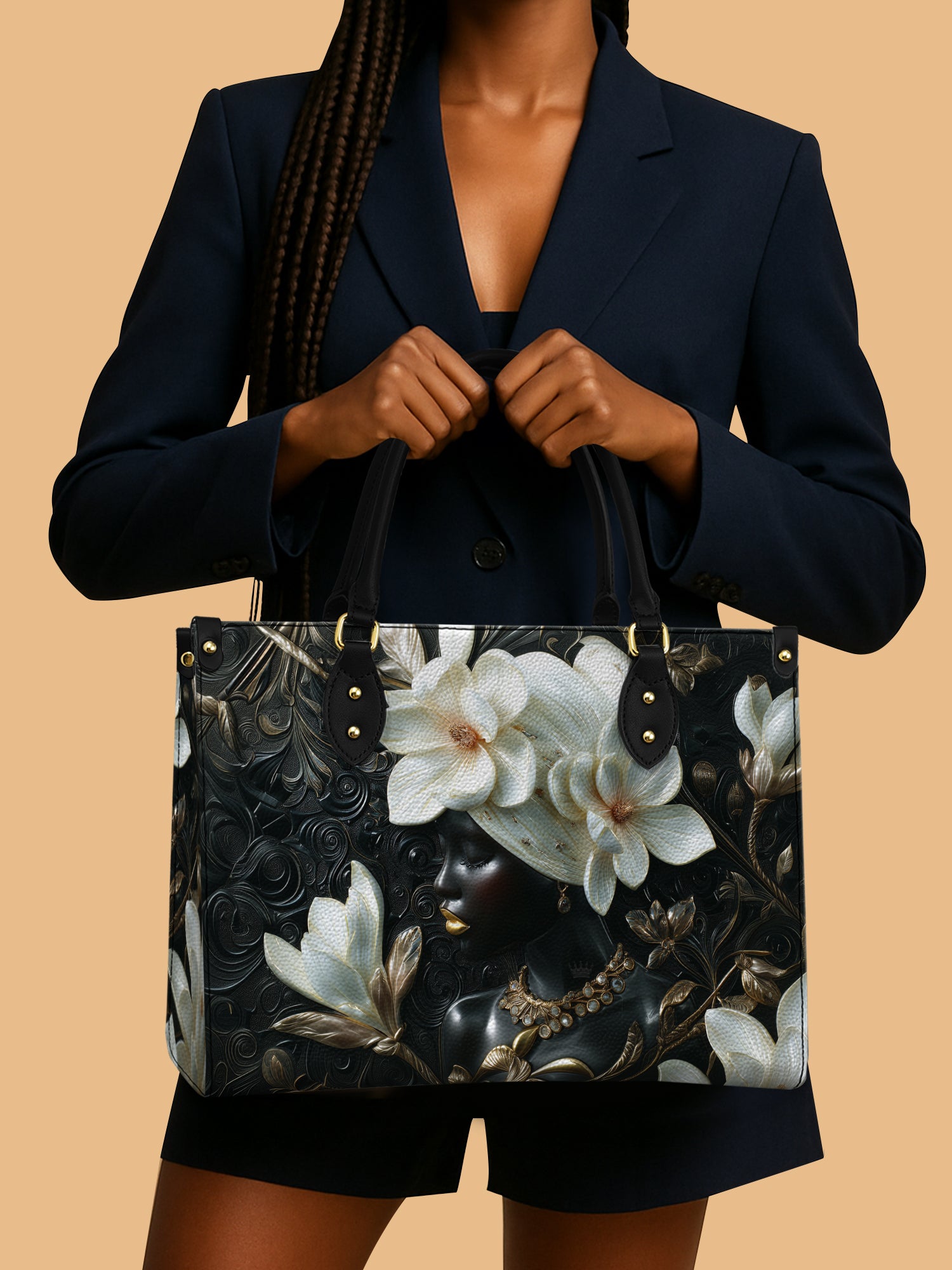African Women With White Floral Headwrap Leather Handbag Native American Christmas Gift Ideas