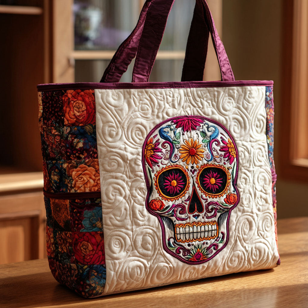 Afterlife Fiesta Quilted Tote Bag Gifts With Skulls On Them