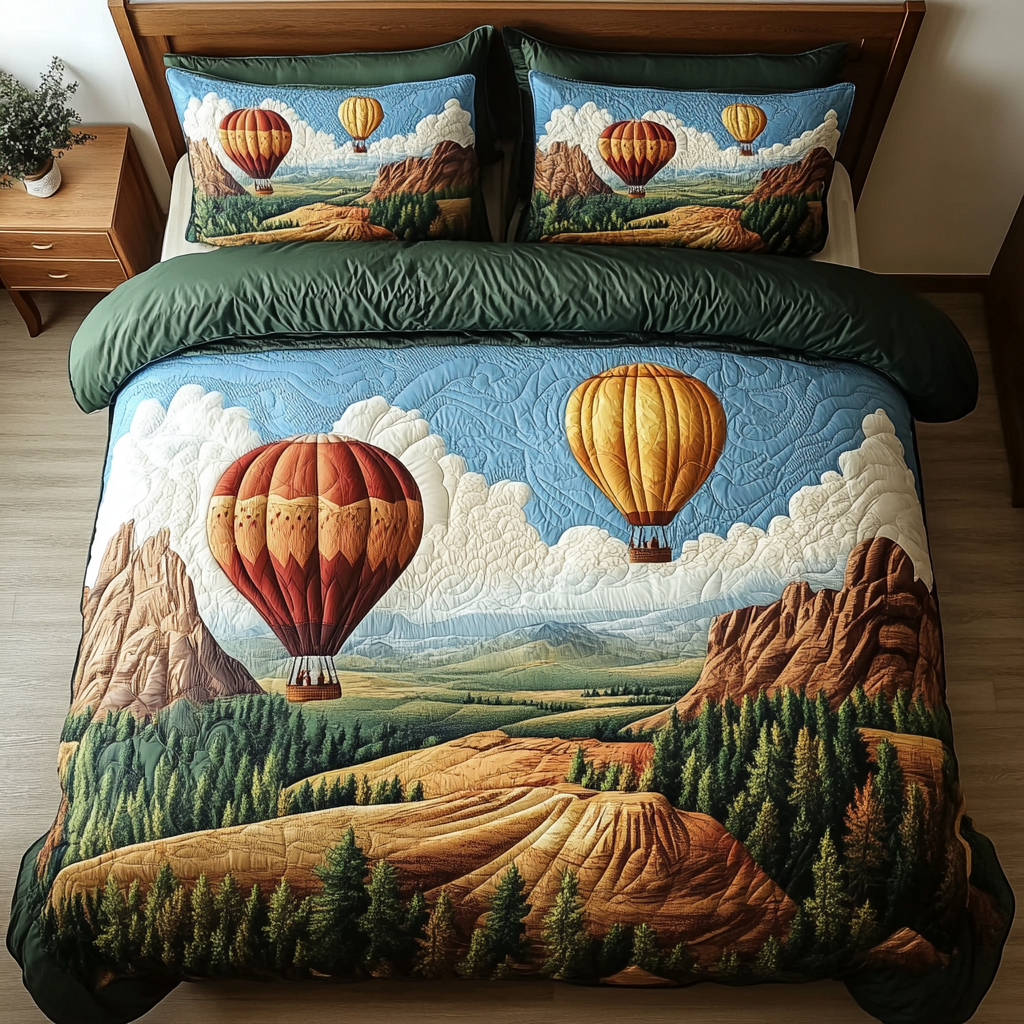 Airborne Dreams Quilted Bedding Set Cute Bedroom Decor Sky Air Balloon Merchandise 