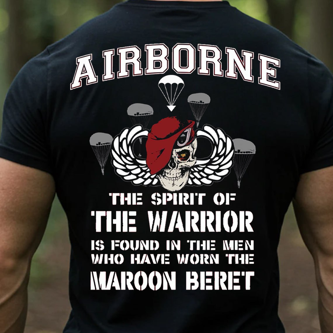 Airborne Maroon Beret Warrior T-Shirt  Paratrooper Veteran Military Pride Skull Tee