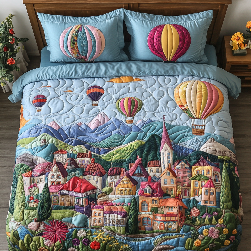 Airy Retreat Quilted Bedding Set Unique Bed Sheet Set Unique Sky Air Balloon Presents