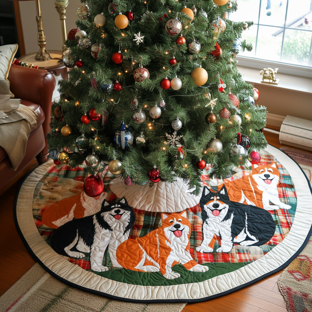 Akita Snowflake Magic Christmas Quilted Tree Skirt Holiday Tree Base Decoration Family Holiday Gathering Decor