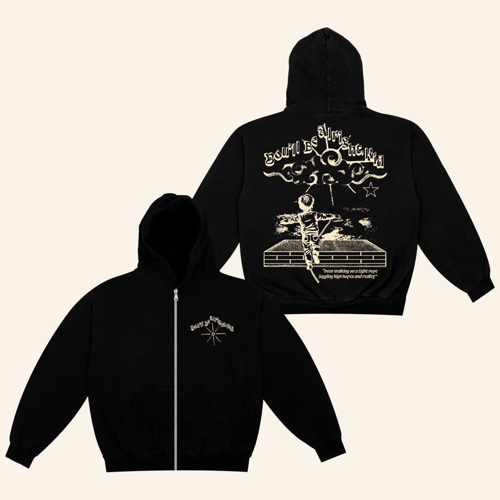 Alex Warren Official Merch You'll Be Alright Kid Black Zip Up Hoodie Gifts For Friends