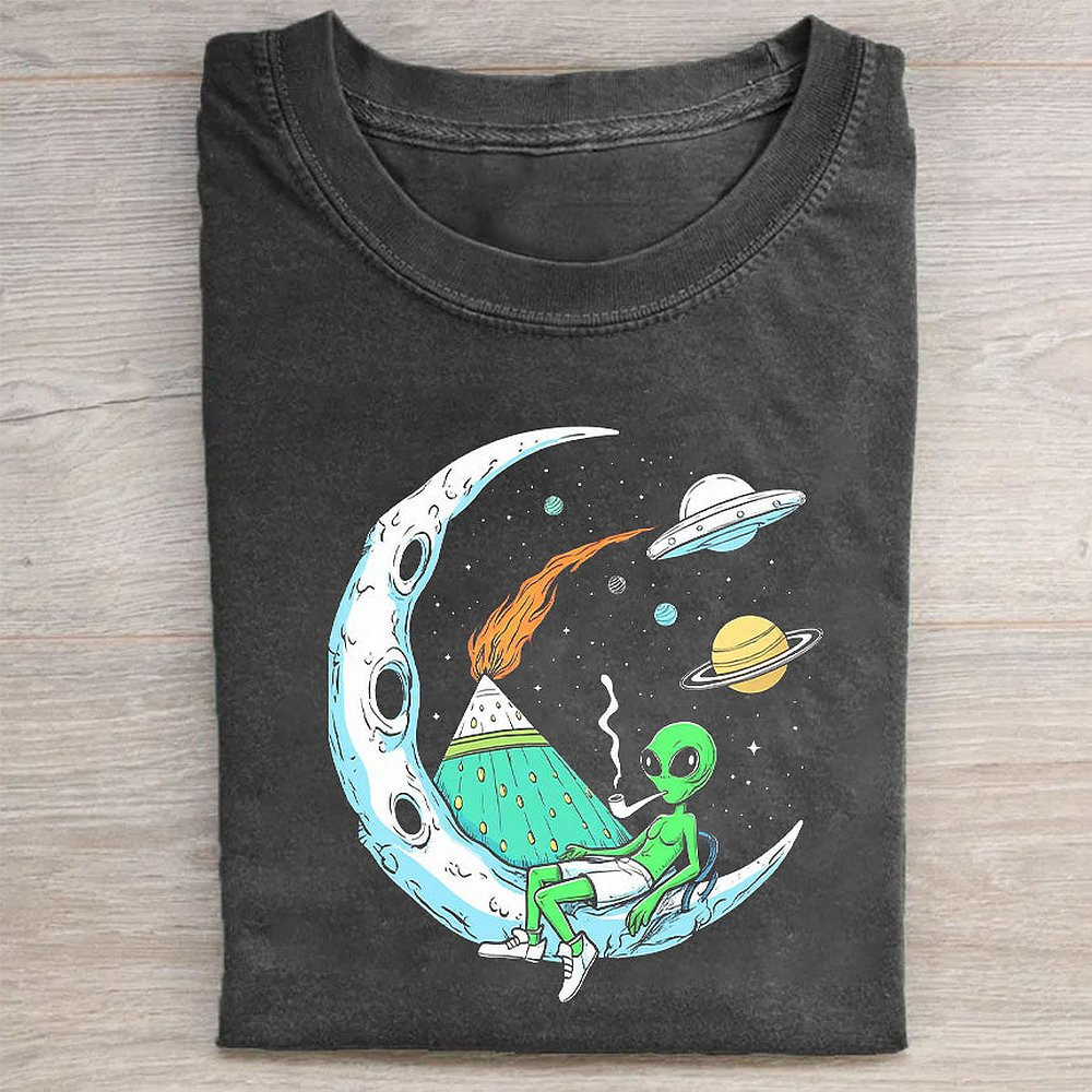 Alien On Moon With Spaceship Graphic T-Shirt Space Lover Gift Tee For Men