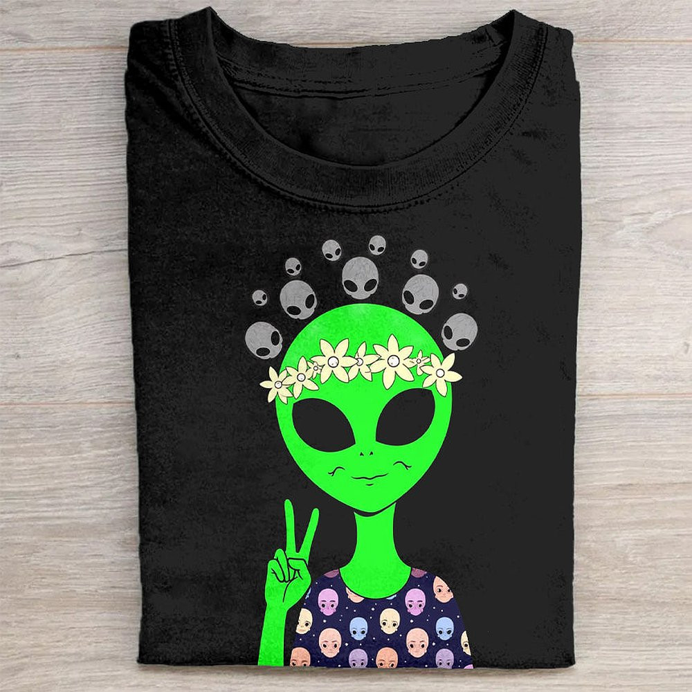 Alien Peace Sign With Flower Crown T-Shirt Funny Festival Tee For Hippie Girls