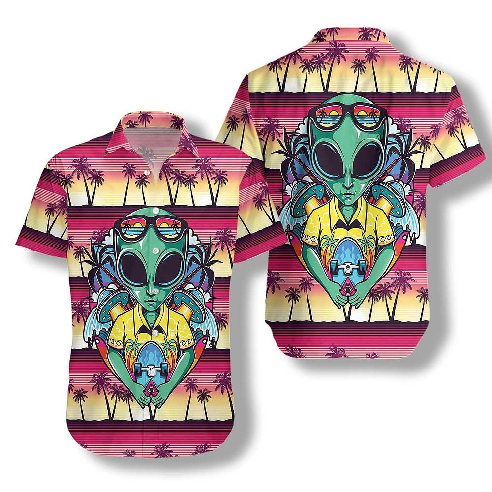 Alien With Skate Hawaiian Shirt Funny Button Up Gift Ideas For Husband