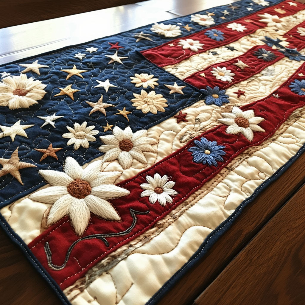 All-American Floral Quilted Table Runner Dinner Table Decor Patriotic Gifts For Men