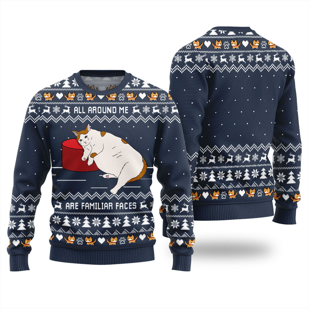 All Around Me Are Familiar Faces Cat Ugly Christmas Sweater Popular Holiday Gift Merch for Everyone