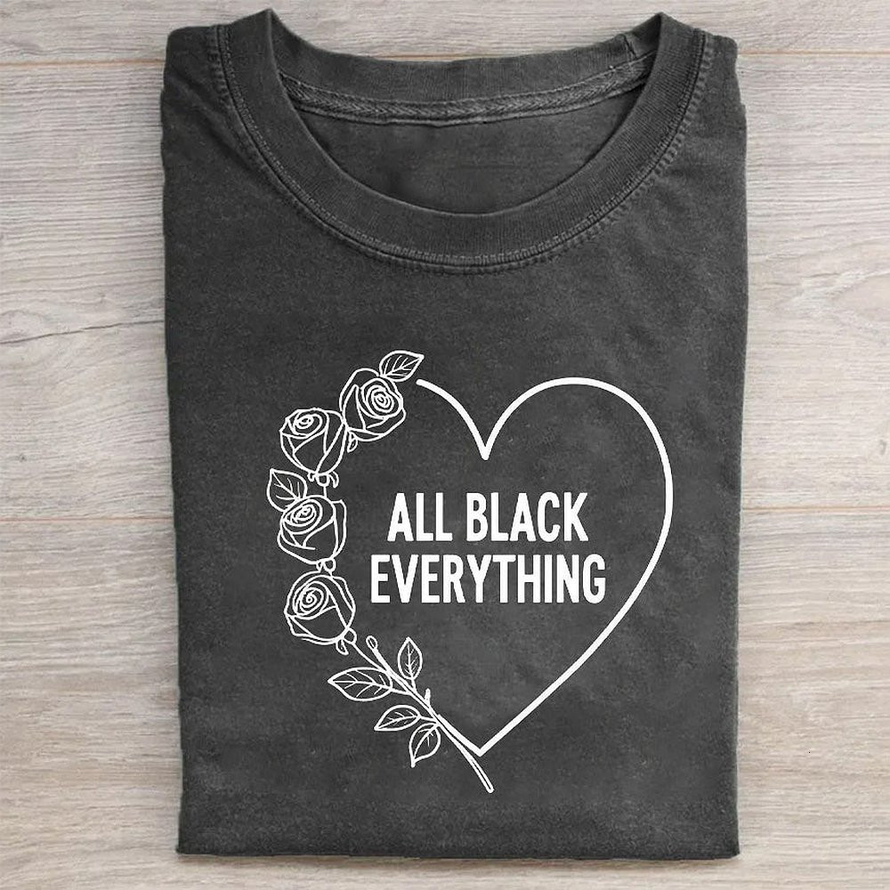 All Black Everything Heart Graphic T-Shirt Minimalist Aesthetic Tee For Women