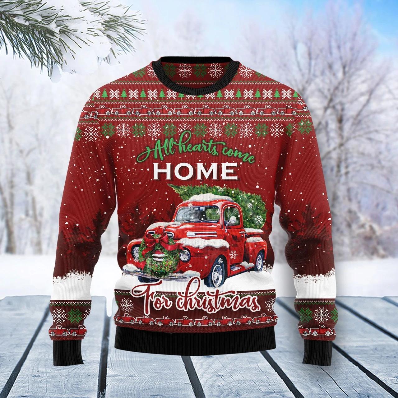 All Hearts Come Home Ugly Christmas Sweater Truck Carrying Pine Tree Festive Winter Gifts