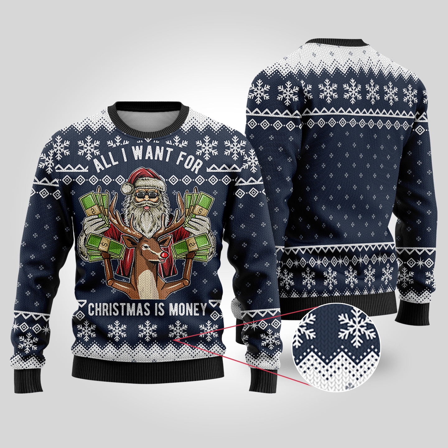 All I Want For Christmas Is Money Navy Ugly Christmas Sweater Best Gift Idea for Christmas Enthusiasts