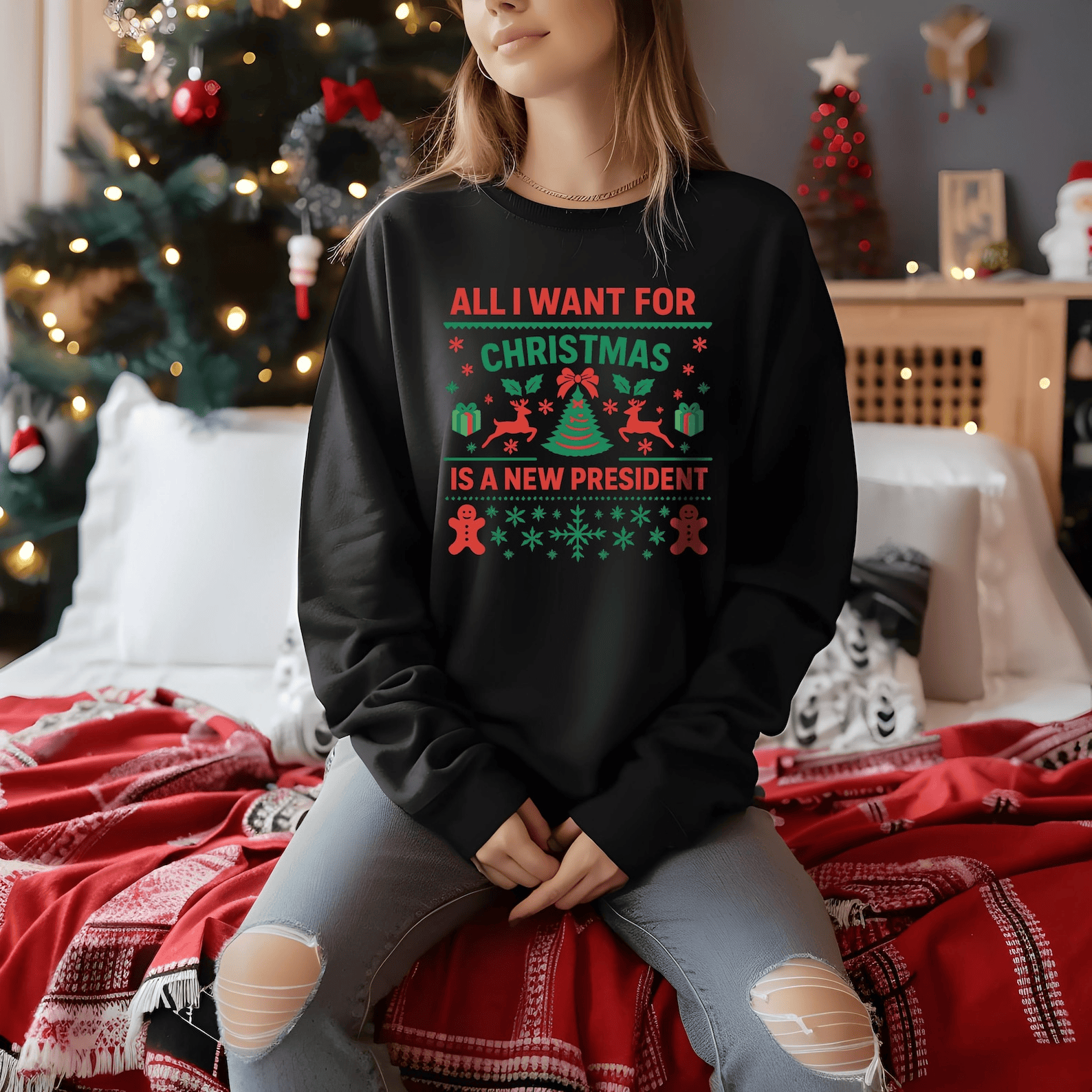 All I Want For Christmas Is New President Sweatshirt Anti Trump Funny Democrat Gift Liberal Holiday