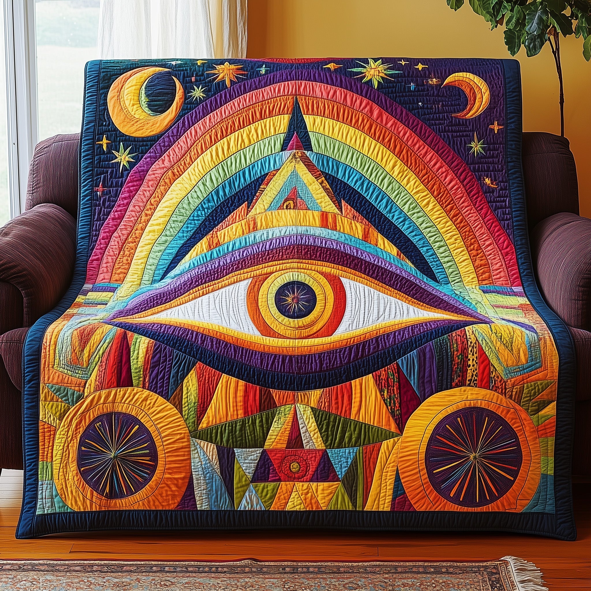All Seeing Eye Mystic Symbol Quilted Blanket Boho Psychedelic Rainbow Sun Moon Spiritual Gifts