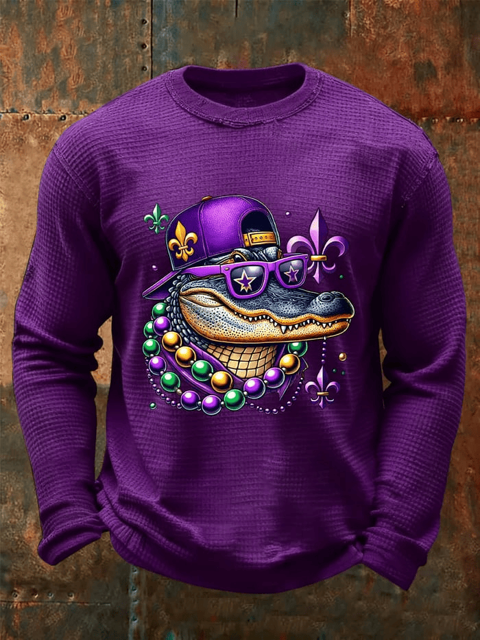 Alligator Mardi Gras Waffle Long Sleeve T-Shirt Mens Mardi Gras Clothing Gifts For Holiday