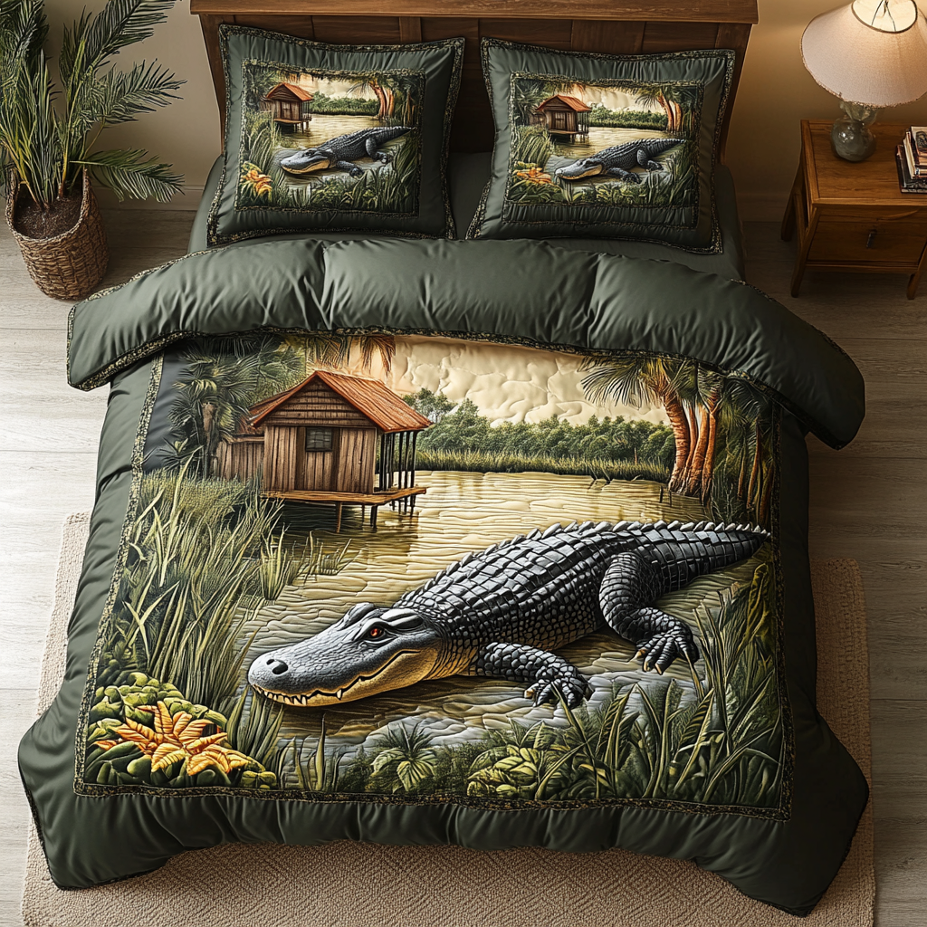 Alligator Night Quilted Bedding Set Bed Room Decoration Crocodile Themed Gifts