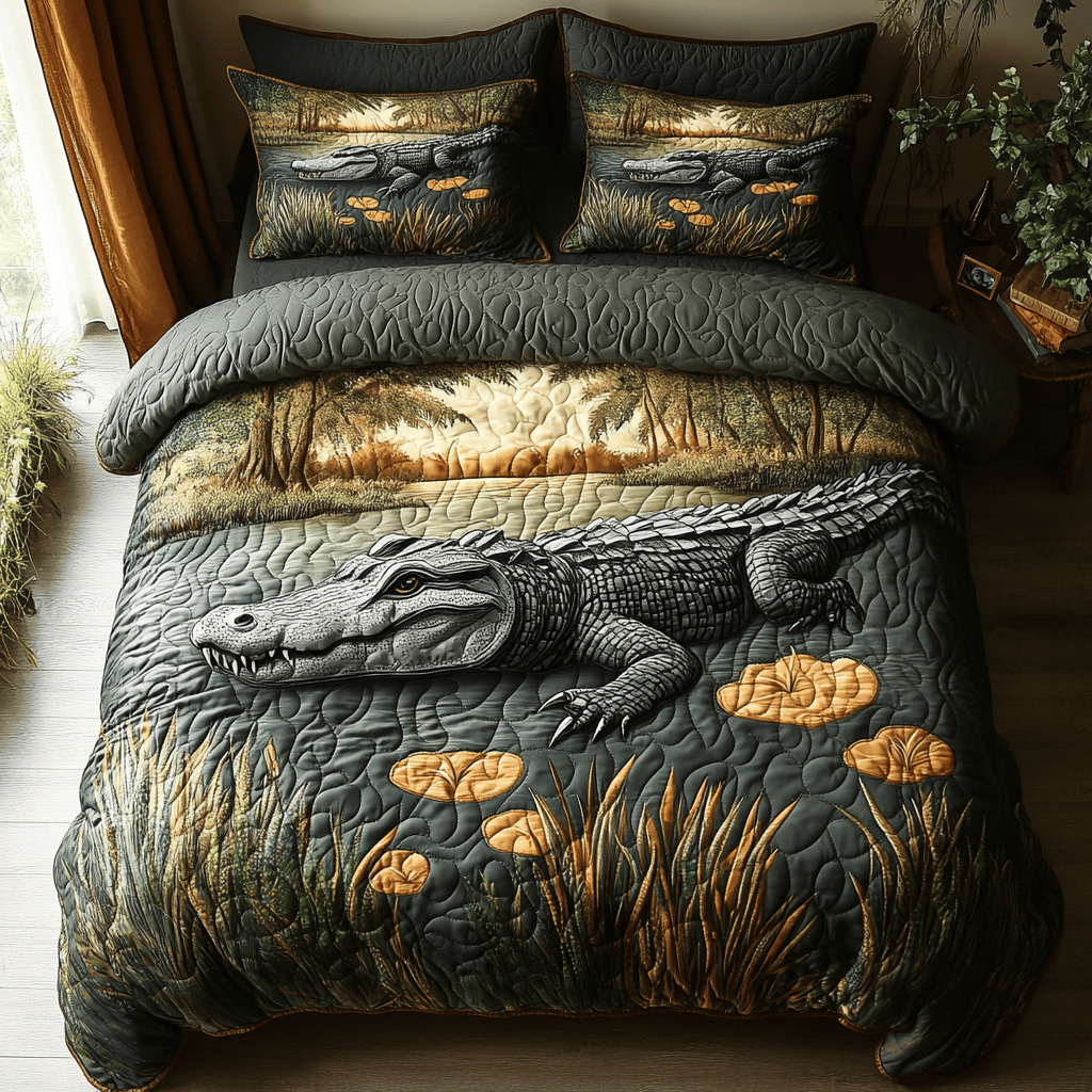 Alligator Quilted Bedding Set King Size Duvet Cover Gifts For Dad Who Wants Nothing