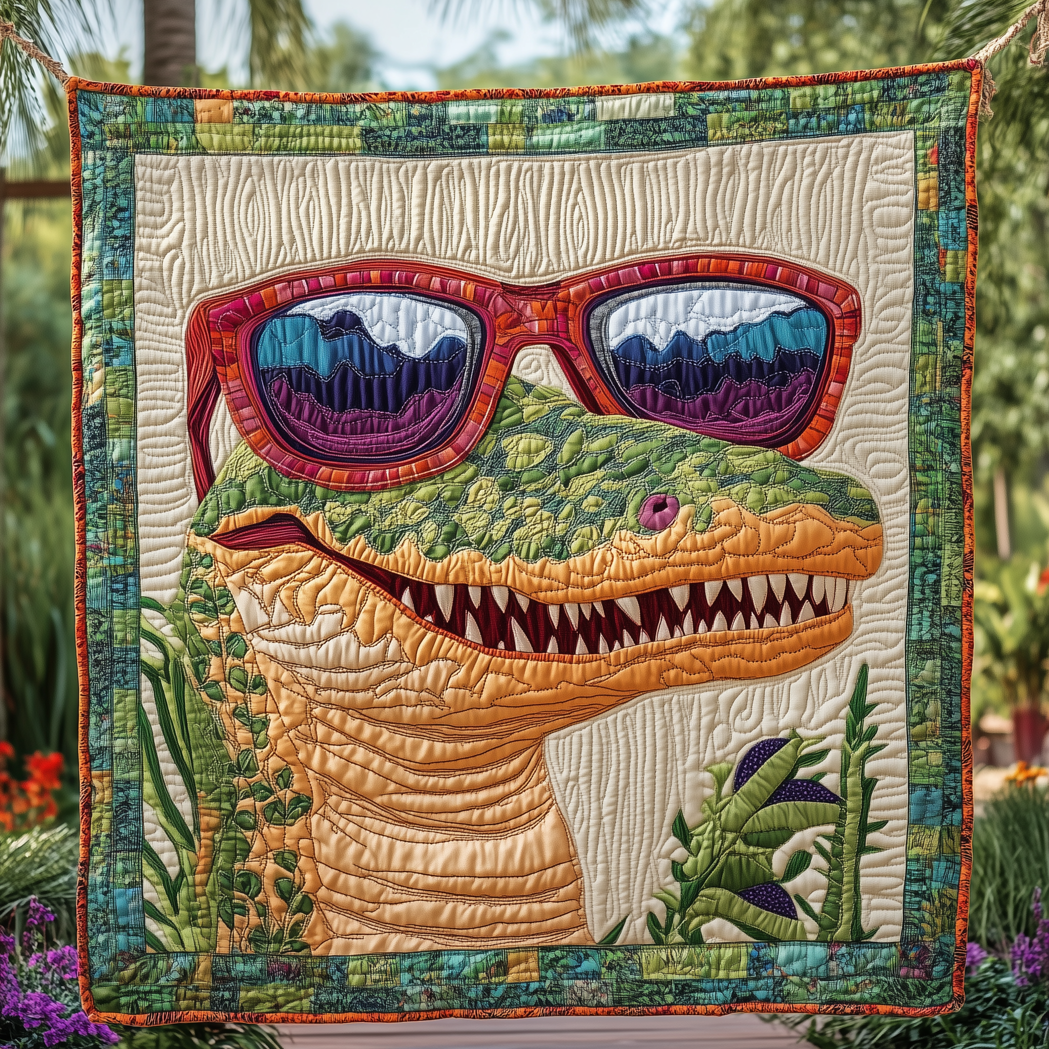 Alligator Reptile Animal Green With Sunglasses Quilted Blanket Funny Reptiles Alligator Gifts