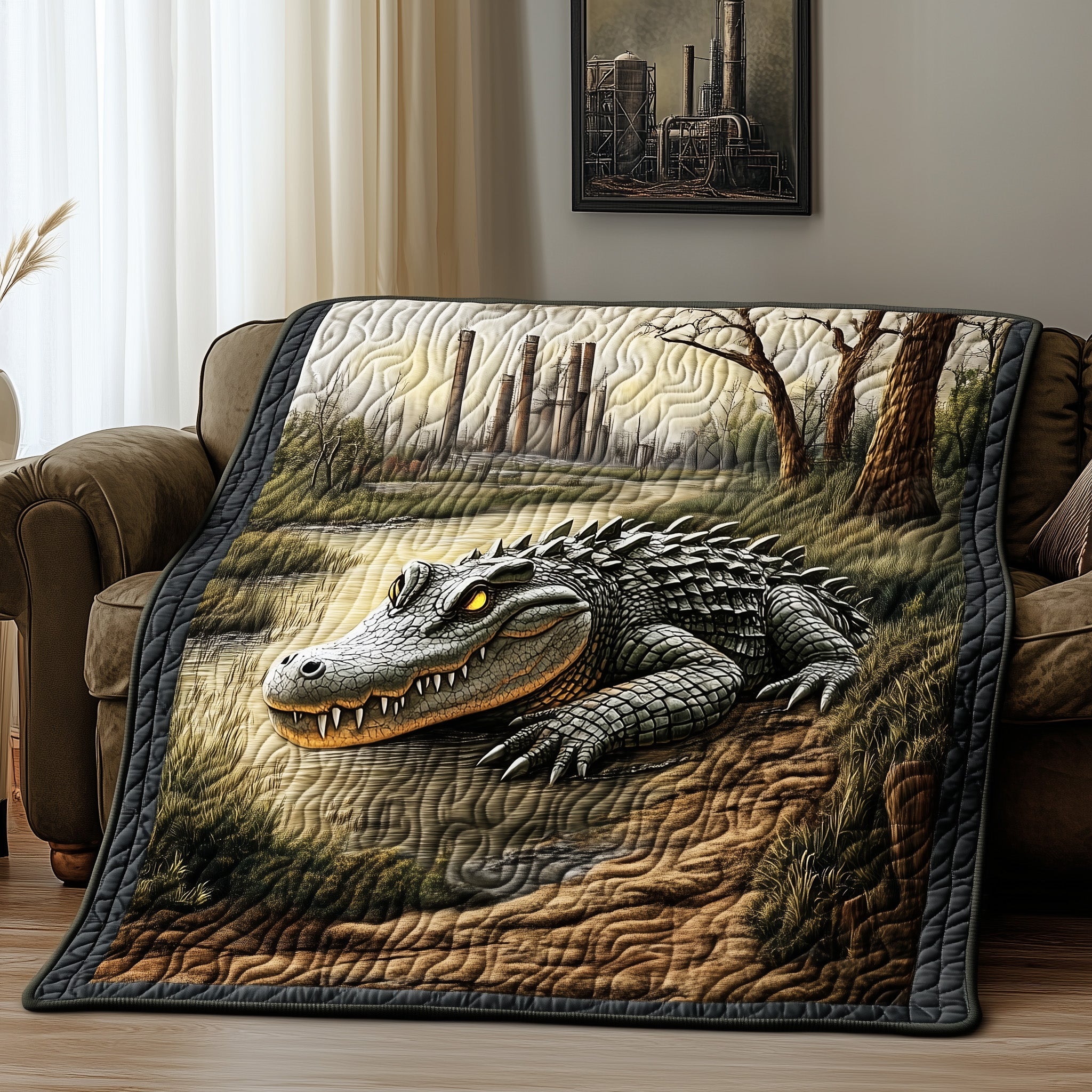 Alligator Swamp Wildlife Quilted Blanket Rustic Nature Scene Design Unique Gift For Animal Lovers