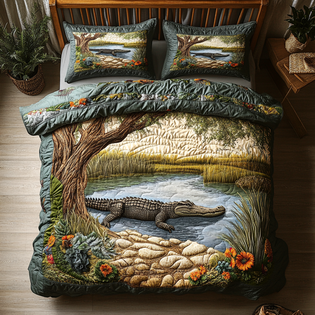 Alligator Wilds Quilted Bedding Set Unique Bed Sheet Set Crocodile Gifts Items