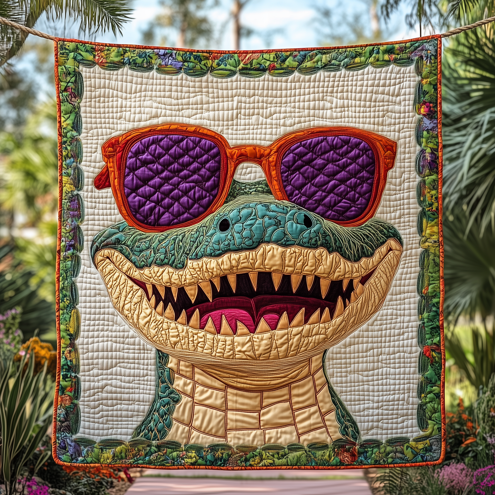 Alligator With Sunglasses Funny Reptile Animal Safari Quilted Blanket Adventure Gift Ideas
