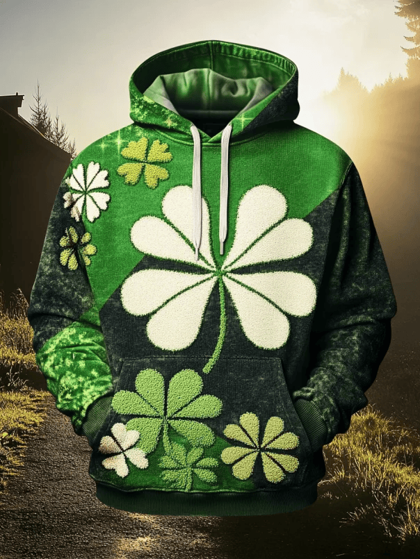 Allover Four Leaf Clover Fluffy Hoodie St Patrick's Day Green Gradient Lucky Irish Party Outfit