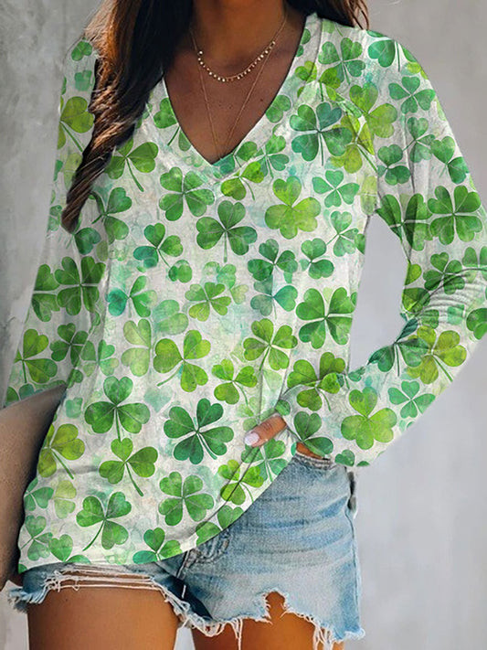 Allover Shamrock Clover Long Sleeve Shirt St Patrick's Day Irish Green Lucky Women Outfit