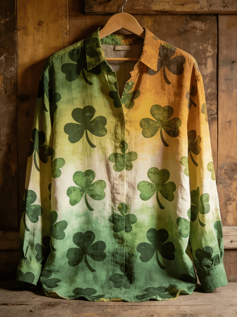 Allover Shamrock Irish Flag Linen Button Shirt St Patrick's Day Green Orange Tricolor Outfit