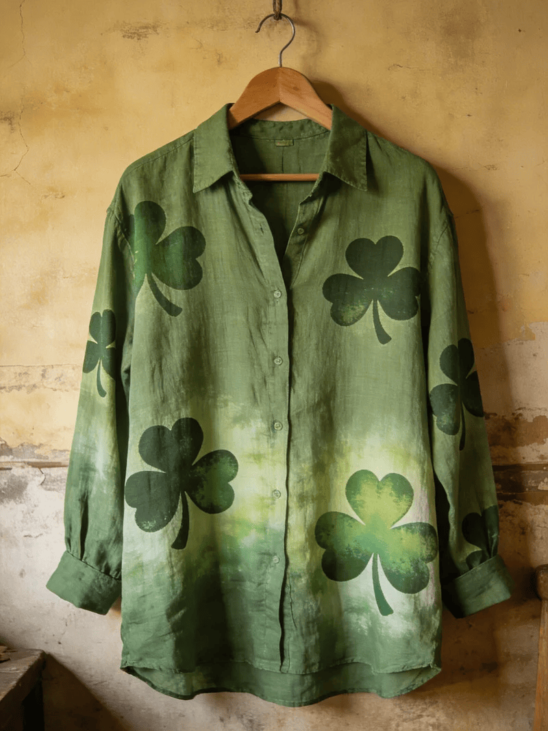 Allover Shamrock Linen Button Shirt St Patrick's Day Green Vintage Washed Irish Party Outfit