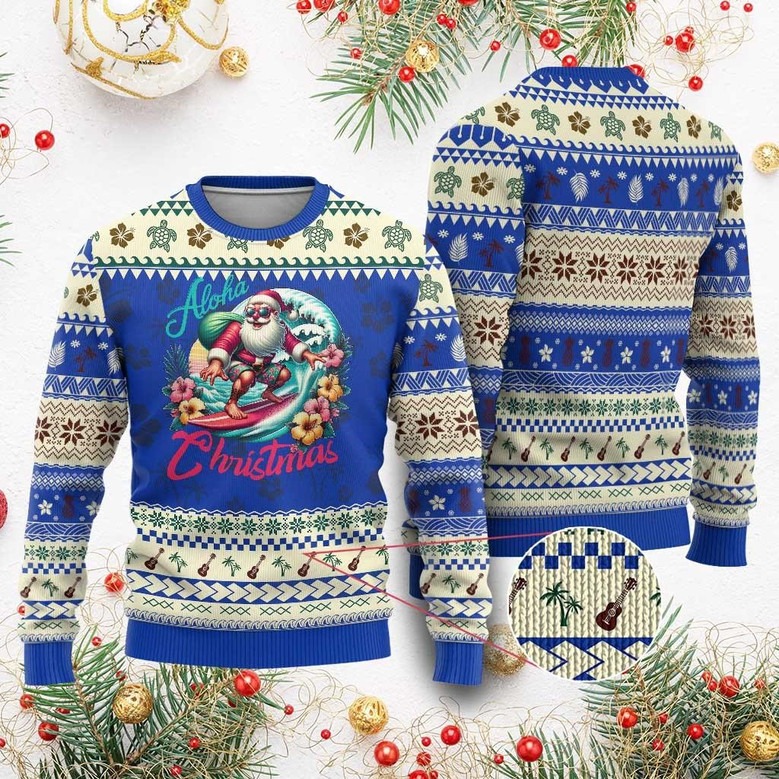 Aloha Christmas Santa Surfing Ugly Christmas Sweater Funny Santa Jumper Hawaiian Gifts