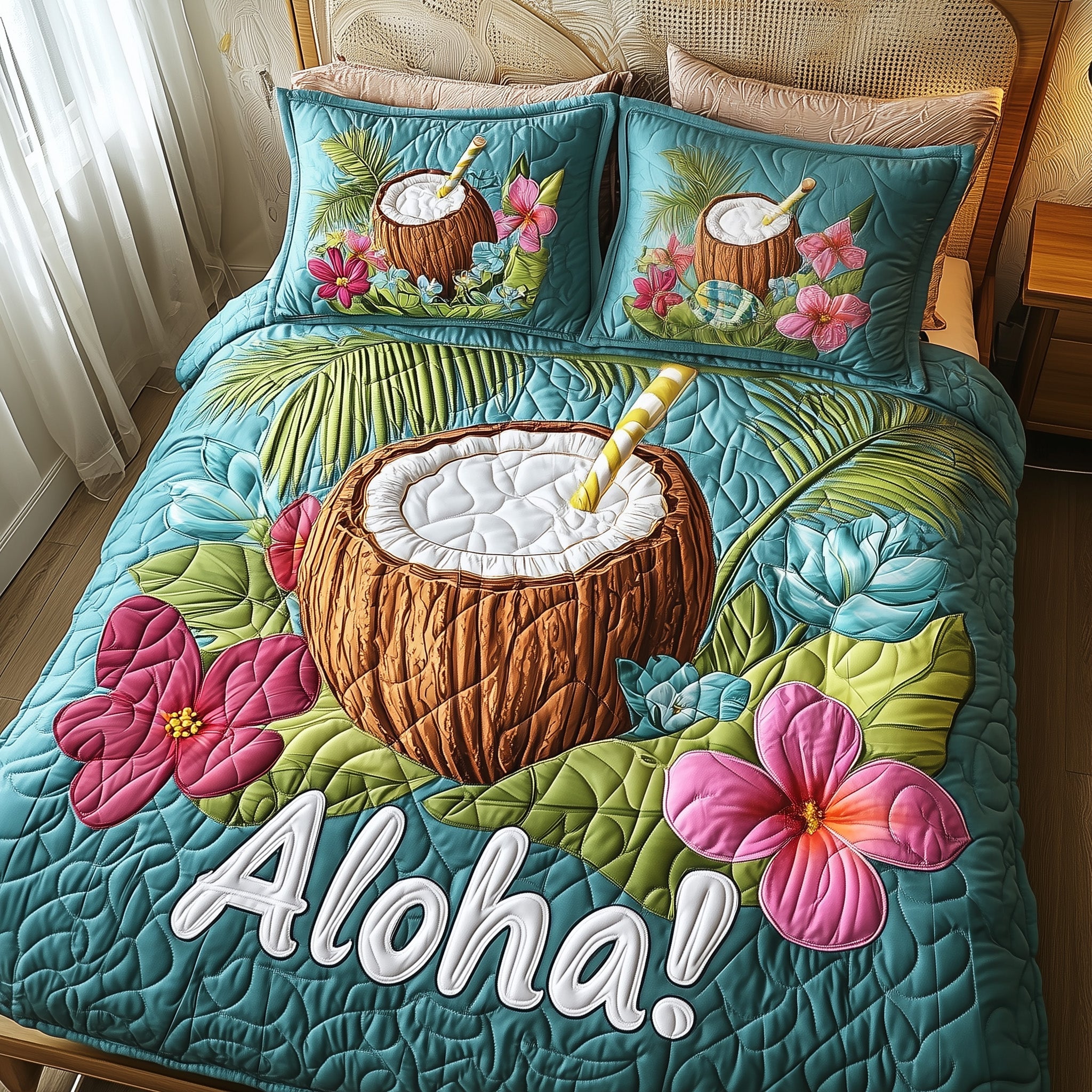 Aloha Coconut Drink Quilted Bedding Set Duvet Cover Bed Sheet Best Gifts For The Beach Lover