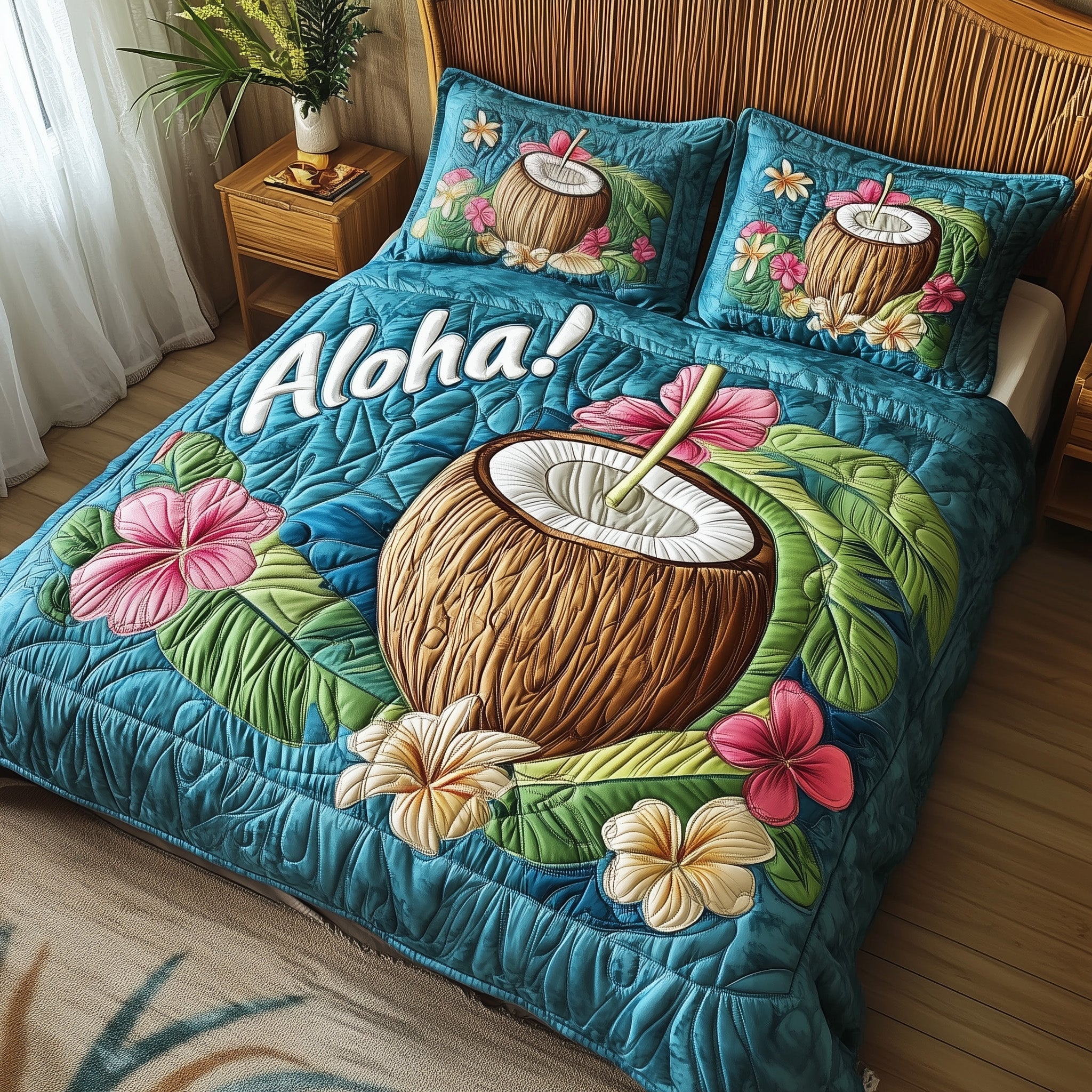 Aloha Coconut Drink Quilted Bedding Set Duvet Cover Bed Sheet Good Gifts For Beach Lovers