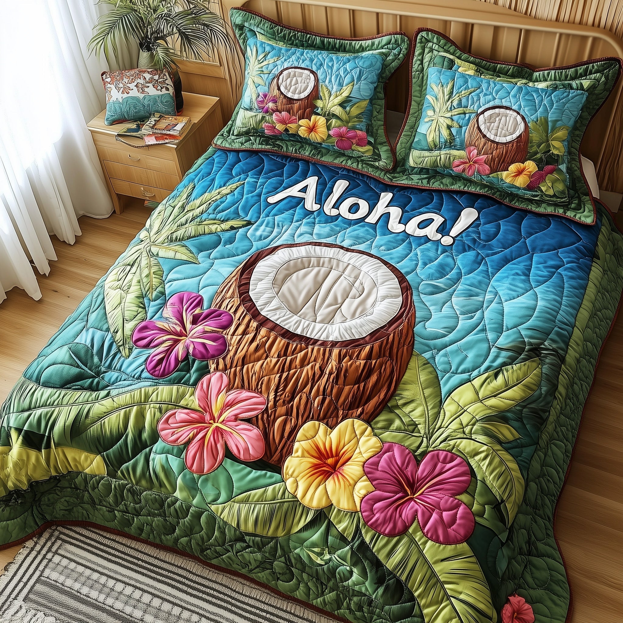 Aloha Coconut Drink Quilted Bedding Set Duvet Cover Bed Sheet Unique Gifts For Beach Lovers