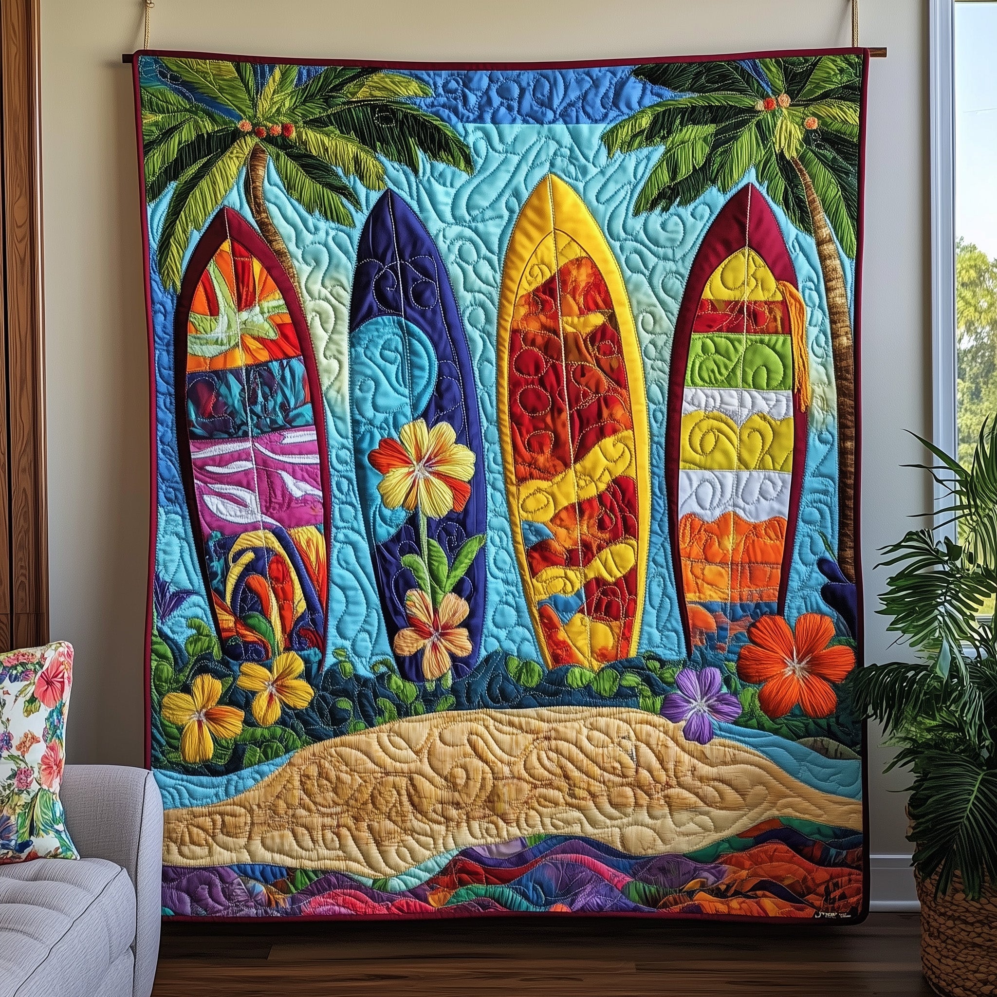 Aloha Surfboard Beach Summer Quilted Blanket Colorful Gifts For Someone Who Loves The Beach