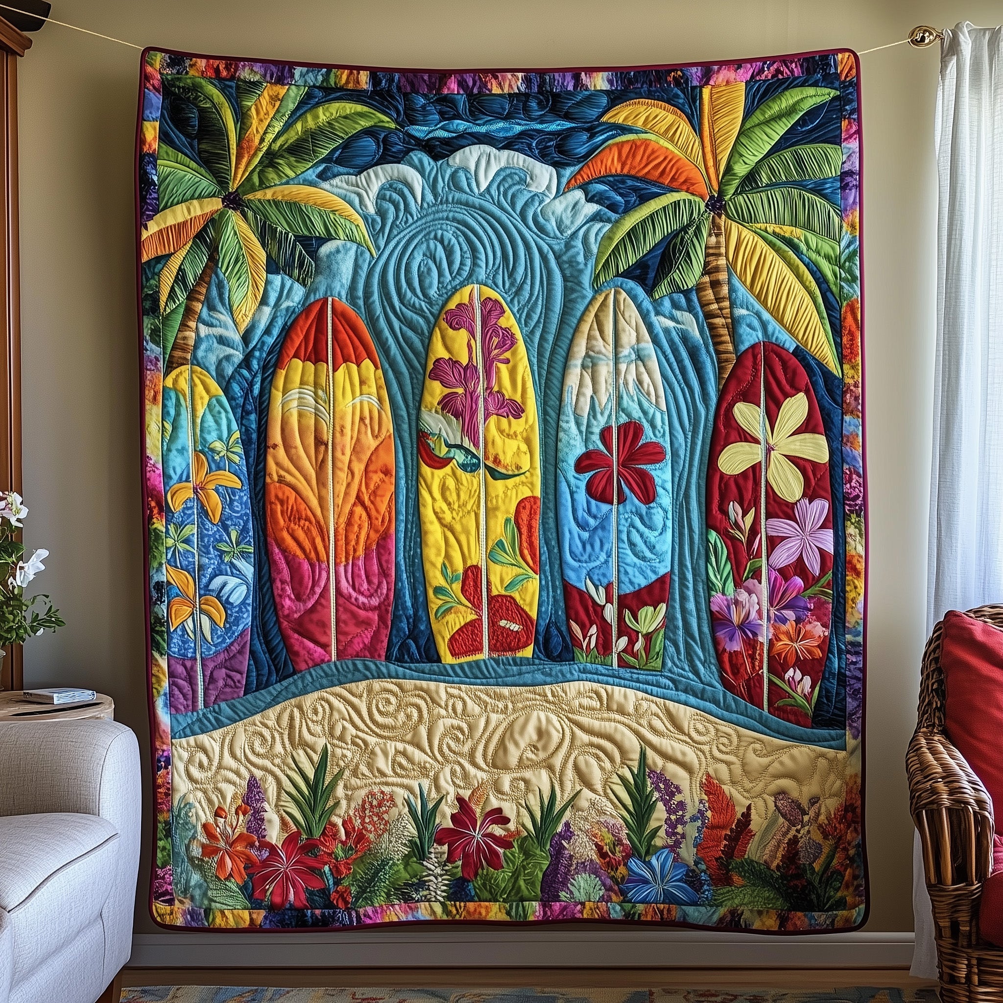 Aloha Surfboard Ocean Theme Quilted Blanket Colorful Gifts For Someone Who Loves The Beach