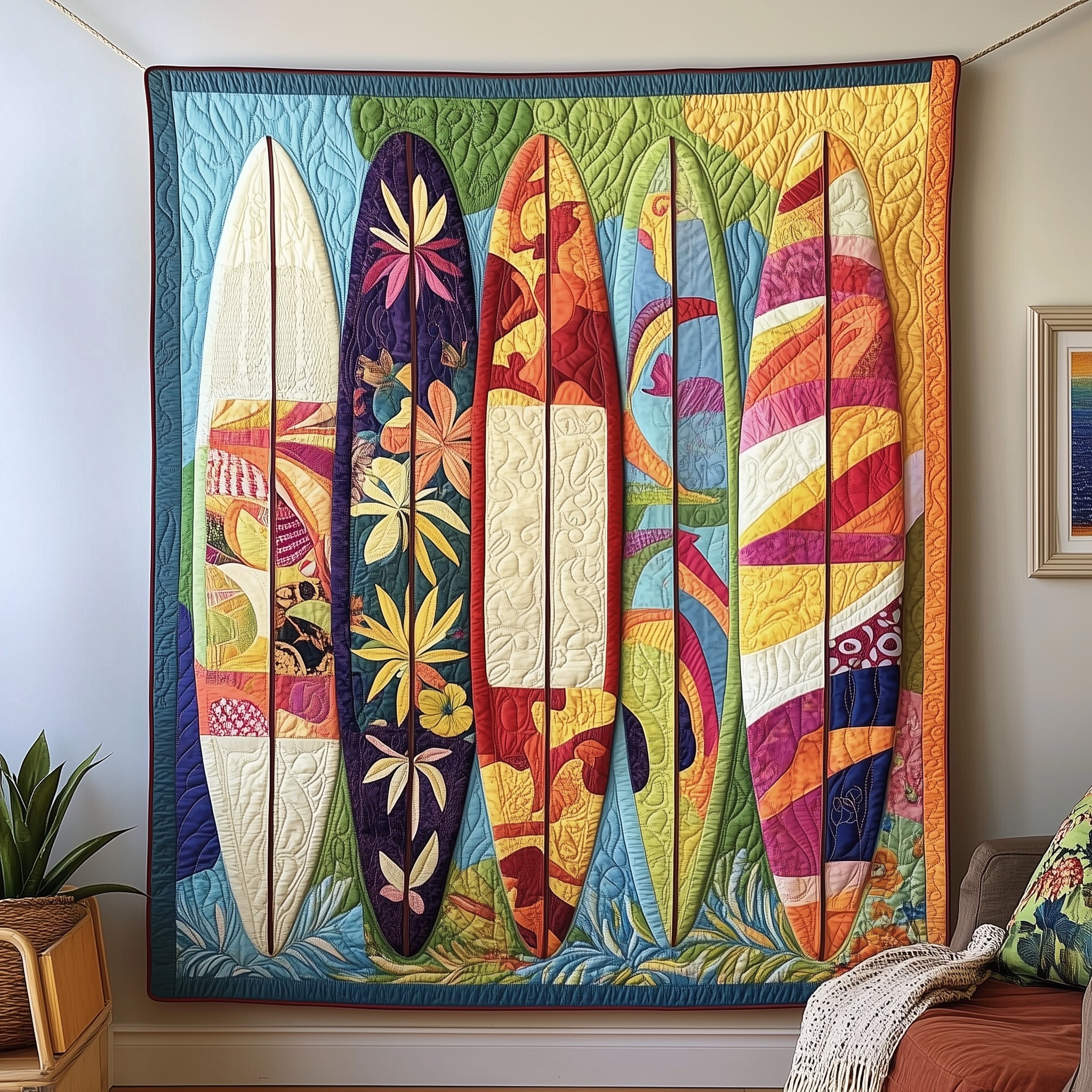 Aloha Surfboard Vacation Quilted Blanket Surfboard Colorful Gifts For Someone Who Loves The Beach
